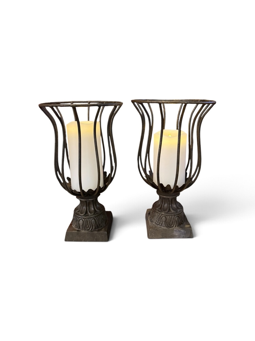 Vintage Rustic Elegance Openwork Metal Urn Pair Candle Holders - Picture 3 of 17